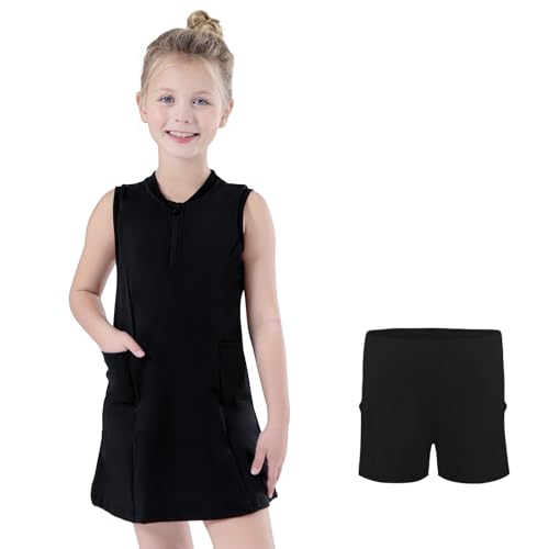 Bezioner Tenniskleid Mädchen mit Hose Golfkleid Reißverschluss Tennis Outfit mit 4 Taschen Sportkleid Ärmellos Skaterkleid Schwarz 140 (9-10 Jahre,130-140 cm) von Bezioner