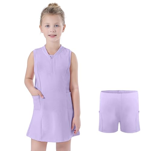 Bezioner Tenniskleid Mädchen mit Hose Golfkleid Reißverschluss Tennis Outfit mit 4 Taschen Sportkleid Ärmellos Skaterkleid Violett 140 (9-10 Jahre,130-140 cm) von Bezioner