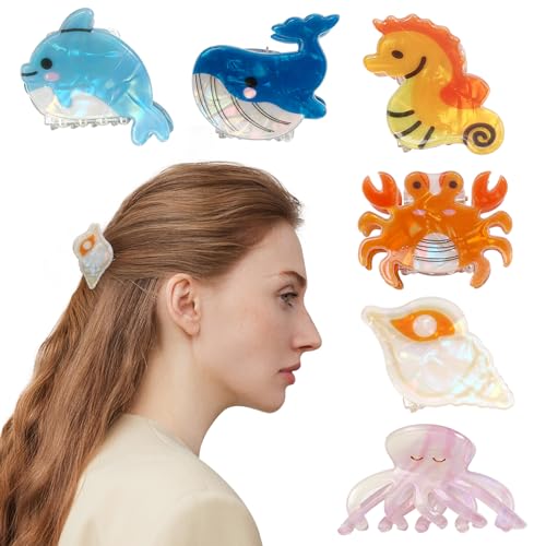 Bgffuy Ocean Kleine Haarspangen, Meerestier-Set, Wal, Krabbe, Quallen, Muschel, Delfin, Seepferdchen, Haarschmuck, Haarklammern für Mädchen für dickes oder dünnes Haar, 6 Stück von Bgffuy