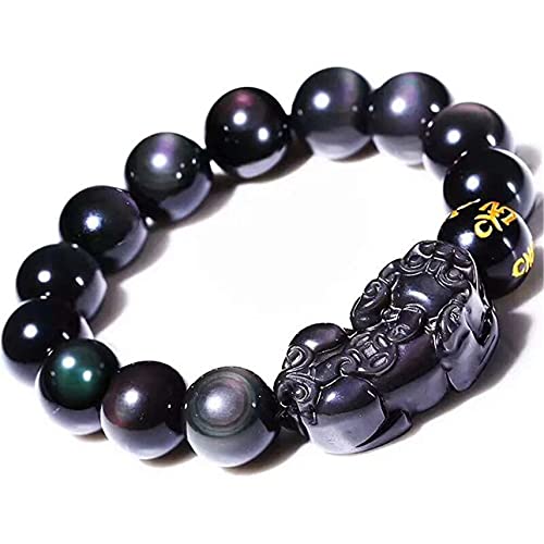 BgnEhRfL Herren-Armbänder, Obsidian-Armband, Feng Shui Reichtum sechs Worte verstellbare elastische Perle zur Abwehr böser Geister for Damen Herren Schmuck, 14 mm von BgnEhRfL
