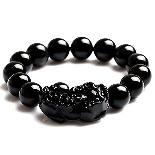 BgnEhRfL Herren-Armbänder, Obsidian-Armband, Piyao Schwarzes Armband, natürlicher schwarzer Obsidian, Regenbogen-Augenperle, Abwehr böser Geister, Talisman, Wohlstand, 12 mm (Color : Black_12mm) von BgnEhRfL