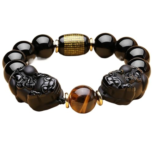 BgnEhRfL Herren-Armbänder, Obsidian-Armband, Reichtum Double Obsidian Yellow Tiger Eye Abwehr böser Geister, Double Pixiu, 16 mm (Color : Double Pixiu_10mm) von BgnEhRfL