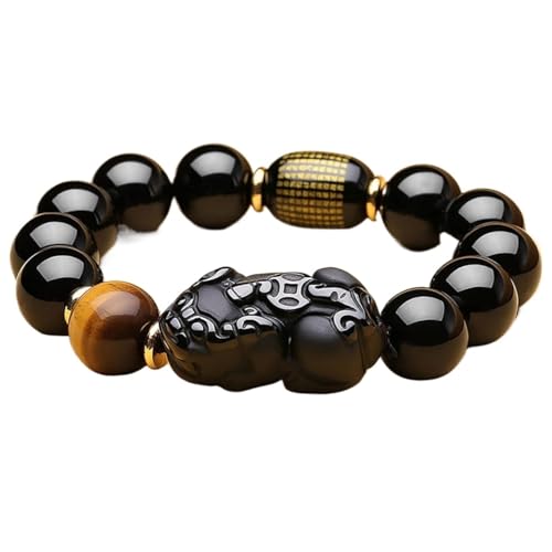 BgnEhRfL Herren-Armbänder, Obsidian-Armband, Reichtum Double Obsidian Yellow Tiger Eye Abwehr böser Geister, Double Pixiu, 16 mm (Color : Single Pixiu_12mm) von BgnEhRfL