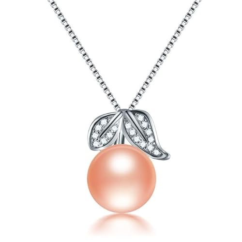 BgnEhRfL Perle, Perlenanhänger, Halskette, Sterlingsilber, Zirkon-Blatt-Anhänger, Schmuck, 100% echte natürliche Süßwasserperlen-Halskette for Frauen (Color : Pink) von BgnEhRfL