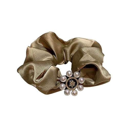 Haargummis,Scrunchies, Retro Temperament Perle Kamelie Satin Falten Haar Kreis Haar Ornamente Weibliche(Khaki) von BgnEhRfL