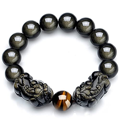 Herren-Armbänder, Obsidian-Armband, Feng Shui geneigter Kopf, Doppel-Pi Xiu/Pi Yao, natürliches goldenes Obsidian-Gelb-Tigerauge-Armband, Edelstein-Perlen, verstellbar, einzelnes Pixiu, 16 mm ( Color von BgnEhRfL