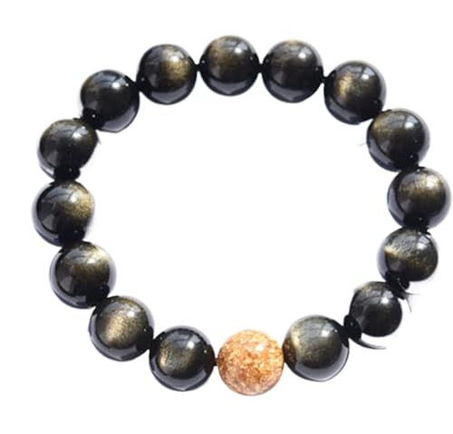 Herren-Armbänder, Obsidian-Armband, Goldene Obsidian-Goldfolienperle, vergoldete Abstandsperlen, Feng Shui-Perlen, elastisches Armband, spirituelles Amulett for Liebhaber, Paar, Geld, Reichtum, 12 mm von BgnEhRfL