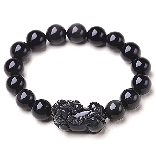 Herren-Armbänder, Obsidian-Armband, Piyao Schwarzes Armband, natürlicher schwarzer Obsidian, Regenbogen-Augenperle, Abwehr böser Geister, Talisman, Wohlstand, gewöhnlich, 14 mm ( Color : Double Eye_10 von BgnEhRfL