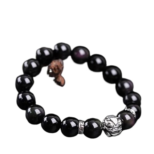 Herren-Armbänder, Obsidian-Armband, Silbernes Piyao-Armband, natürliches schwarzes Obsidian-Achat-Paar-Perlenarmband, Kristall, Abwehr böser Geister, Talisman, Wohlstand, Rot, 10 mm ( Color : Black_12 von BgnEhRfL