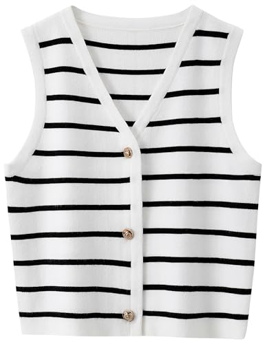 Bgylu Damen Ärmellos Gestreift Pullover Weste Cropped Button Down Strickweste Tops 2025 Trendy Outfits, Weiss/opulenter Garten, Medium von Bgylu