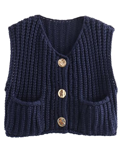 Bgylu Damen Ärmelloses Grobstrick-Top Casual Cropped Button Down Sweater Weste Open Front Cardigan mit Taschen, Marineblau, Mittel von Bgylu