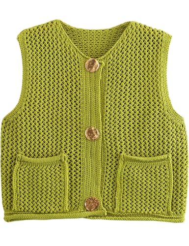 Bgylu Damen Ärmelloses Grobstrick-Top Casual Cropped Button Down Sweater Weste Open Front Cardigan mit Taschen, Zitronengelb, Mittel von Bgylu
