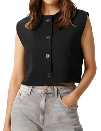Bgylu Damen Crop Suit Weste Tops Sommer Casual Ärmellos Button Down Cropped Blazer Weste Cardigan, Schwarz, Small von Bgylu