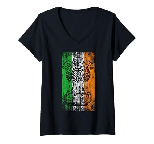 Damen Indien Löwe Emblem Indianer Löwe von Sarnath Indianer Abakus T-Shirt mit V-Ausschnitt Damen Indien Löwe Emblem Indianer Löwe von Sarnath Indianer Abakus T-Shirt mit V-Ausschnitt von Bharat Ganarajya Emblem Gift Indian Patriot Tees