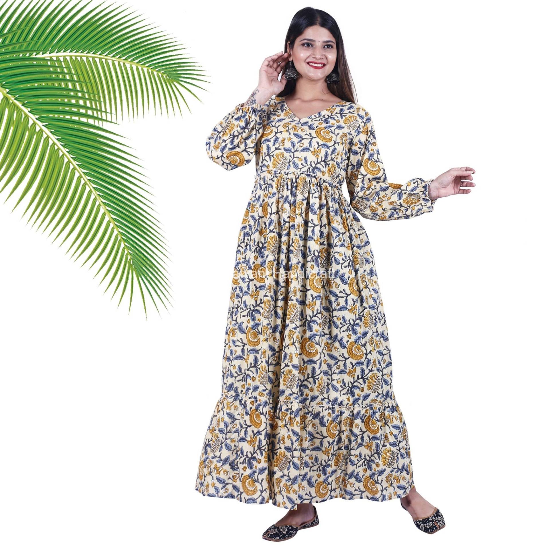 Neues Designer Sommerkleid, Baumwoll-Block-Print-Kleid, Langes Maxi-Kleid, Midi-Kleid, Geschenk Für Sie, V-Ausschnitt-Kleid von Bhatyanihandicraft