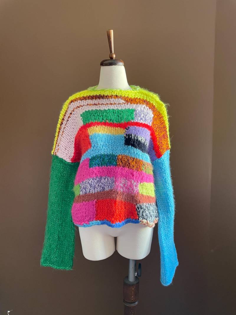 Handgefertigter Mohair Patchwork Strickpullover Bunter Grobstrick Pullover von Bhavass