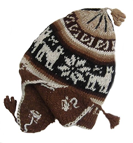 Alpacaandmore Traditionelle Unisex Chullo Mütze Strickmütze naturbelassene Alpakawolle handgestrickt (braun/schwarz) von Bhgytec