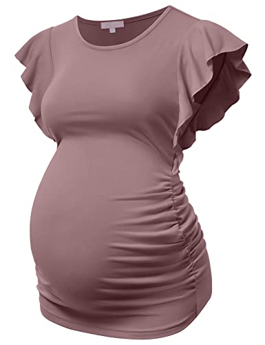 Bhome Umstands-Top, fliegende Shorts, Ärmel, T-Shirt, seitlich gerüscht, schwangere Bluse, lässig, Schwangerschaftstunika, Malvenfarben, X-Groß von Bhome