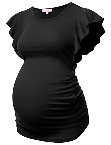 Bhome Umstands-Tops, Fliegende Shorts, Ärmel, T-Shirt, Seite gerüscht, Schwangere Bluse Casual Schwangerschaft Tunika - Schwarz - Groß von Bhome