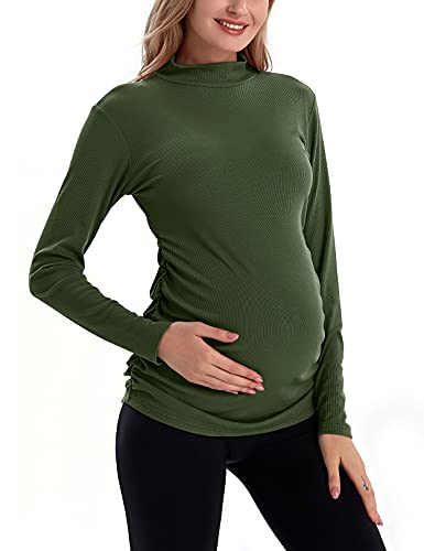 Bhome Umstandsshirt Langarm Schwangerschaft Top Gerippt Mock Neck Schwangere Pullover, armee-grün, X-Groß von Bhome