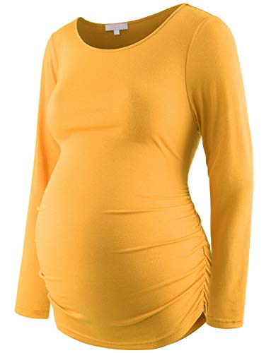 Umstandsshirt Langarm Basic Top Rüschen Seiten Bodycon T-Shirt für Schwangere - Gelb - Groß von Bhome