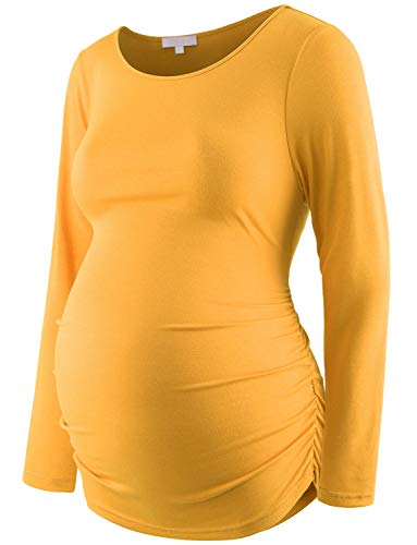 Umstandsshirt Langarm Basic Top Rüschen Seiten Bodycon T-Shirt für Schwangere - Gelb - Mittel von Bhome