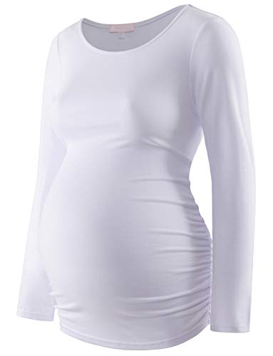 Umstandsshirt Langarm Basic Top Rüschen Seiten Bodycon T-Shirt für Schwangere - Wei� - Klein von Bhome