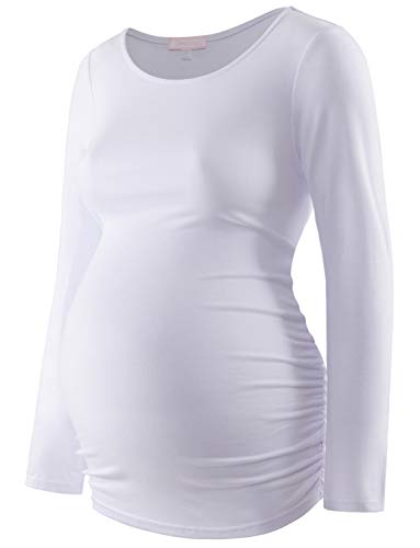 Umstandsshirt Langarm Basic Top Rüschen Seiten Figurbetontes T-Shirt für Schwangere, Weiss/opulenter Garten, Klein von Bhome