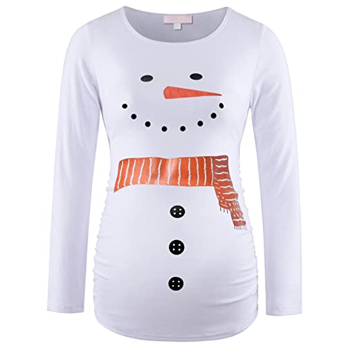Umstandsshirt Langarm Basic Top Rüschen Seiten Bodycon T-Shirt für schwangere Frauen, Weihnachts-Schneemann, Groß von Bhome