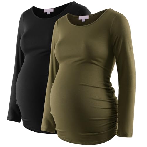 Umstandsshirt Langarm Basic Top Rüschen Seiten Figurbetontes T-Shirt für Schwangere, Schwarz / Oliv, Klein von Bhome