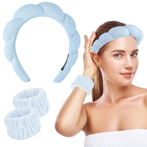 Bhujry Damen 1 x Gesichts-Spa-Stirnband, 2-teiliges Armband-Kombi-Set, blaues Make-up-Stirnband und Handgelenk-Waschband-Set für Gesichtswäsche, Hautpflege, Dusche, Make-up-Entfernung (blau) von Bhujry