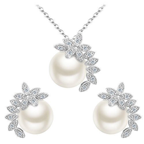 BiBeary Damen elegant Zirconia simulierte Perle Blatt Blume einfach Ohrringe Halskette Schmuckset von BiBeary