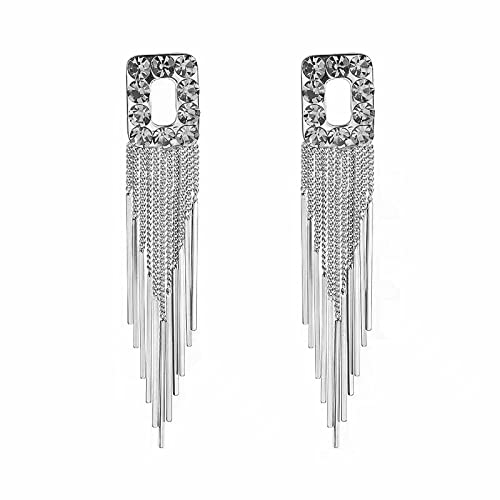 BiBeary Quasten Anhänger Ohrringe Damen Ohrhänger lang Hängeohrringe Linear Tropfen Bohemien Quadrat Fringe Chain Party Austrian Kristall 925 Sterling Silber Stecker von BiBeary