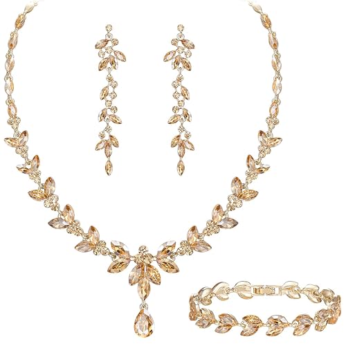 BiBeary Schmuck Set Braut Damen Blatt Blume Hochzeit Statement Halskette lang Ohrhänger Ohrringe Set Party Abschlussball von BiBeary