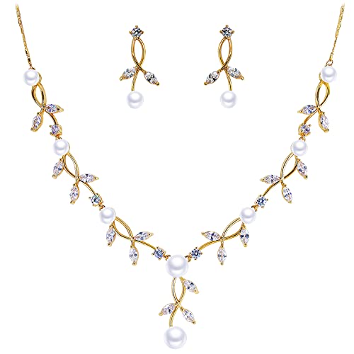 BiBeary Schmuck Set Braut Damen Blatt Blume Hochzeit simulierte Perle Statement Halskette Ohrhänger Ohrringe Set Party von BiBeary