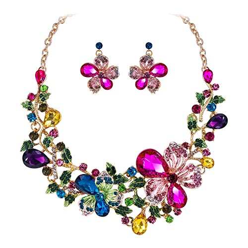BiBeary Schmuck Set Braut Damen Rose Blume Hochzeit Kristall Statement Halskette Anhänger Ohrringe Set Party Abschlussball von BiBeary