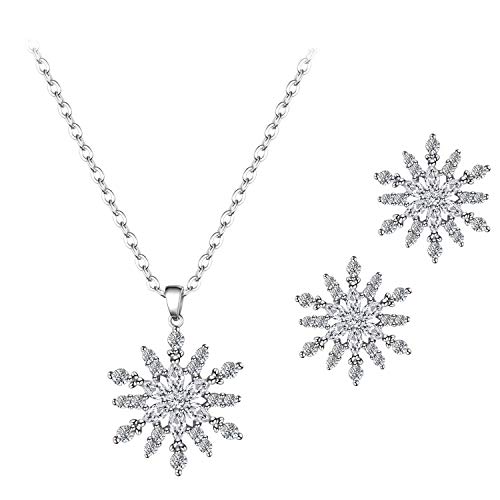 BiBeary Schneeflocke Schmuck Set Damen elegant 925 Sterling Silber Anhänger Zirkonia Halskette Kette Schmuckset CZ Winter Weihnachten Chain Pendant von BiBeary