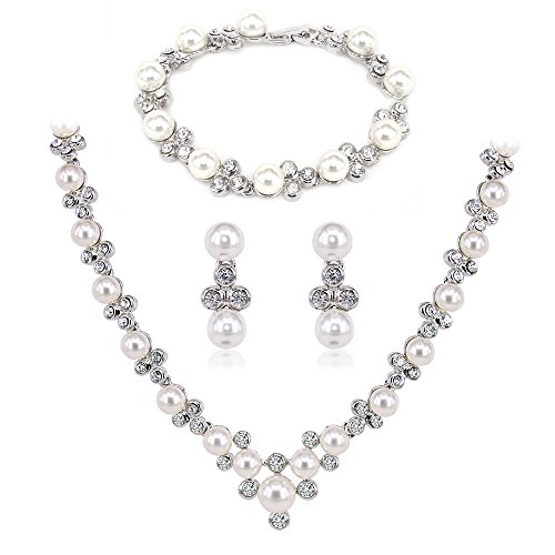 BiBeary simulierte Perle Schmuck Set Braut Damen Hochzeit Statement Halskette Ohrhänger Ohrringe Link Armband Party Abschlussball von BiBeary