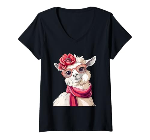 Damen High Fashion Lama, Pretty Pink Cartoon Lama T-Shirt mit V-Ausschnitt Damen High Fashion Lama, Pretty Pink Cartoon Lama T-Shirt mit V-Ausschnitt von BiDesign