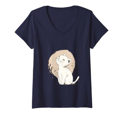 Damen Niedliches weißes Kätzchen, Cartoon-Katze/Kätzchen T-Shirt mit V-Ausschnitt Damen Niedliches weißes Kätzchen, Cartoon-Katze/Kätzchen T-Shirt mit V-Ausschnitt von BiDesign