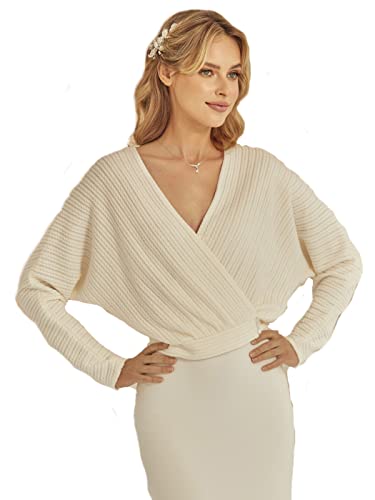 Bianco Evento Brautpullover Damen Brautpulli Brautstola Stola Cape Braut Pullover Strcikpullover Wickeloptik Brautjacke Langarm Hochzeit Winter Cape Ivory NEU (38) von Bianco Evento