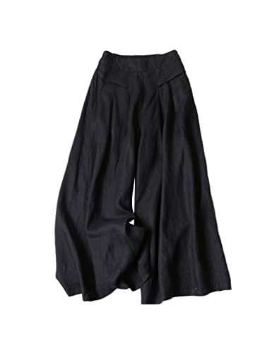 Bianstore Damen Culottes Baumwolle Leinen Weites Bein Palazzo Hose Elastische Taille Caprihose mit Taschen (Schwarz-L), Schwarz von Bianstore