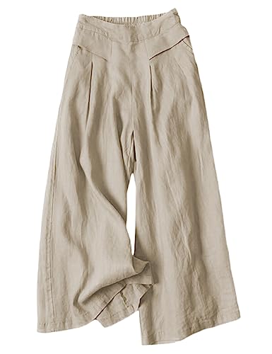 Bianstore Damen Culottes Leinenhose Sommerhose Cropped Wide Leg Pants Elastische Taille Casual Palazzo Hose mit Taschen, Lightkhaki, M von Bianstore