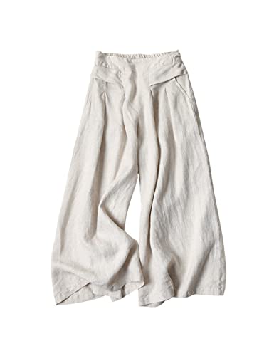 Bianstore Palazzo Damenhose aus Baumwoll-Leinen, leger, elastischer Bund, weites Bein, beige, Mittel von Bianstore