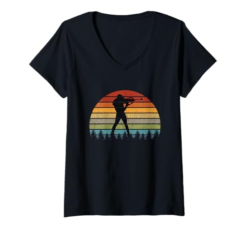 Damen Biathlet Figur Biathlon T-Shirt mit V-Ausschnitt von Biathlon Fanartikel für Wintersport Fans