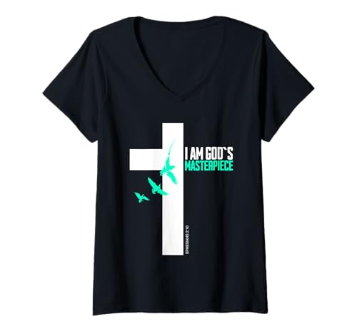 Damen Ich Bin Gottes Meisterwerk Christian Epheser 2:20 T-Shirt mit V-Ausschnitt von Bibelvers Geburtstag
