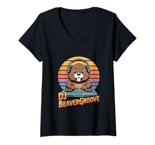 Damen DJ Beavergroove Biber DJ Retro Rave Club Mischpult T-Shirt mit V-Ausschnitt Damen DJ Beavergroove Biber DJ Retro Rave Club Mischpult T-Shirt mit V-Ausschnitt von Biber DJ Musik Rave Festival Retro Kopfhörer