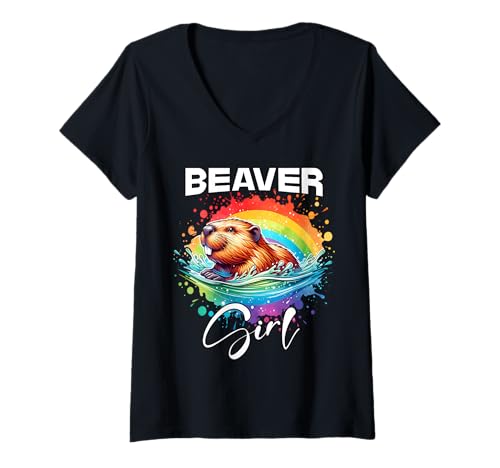 Damen Beaver Mädchen Biber T-Shirt mit V-Ausschnitt Damen Beaver Mädchen Biber T-Shirt mit V-Ausschnitt von Biber Designs Damen