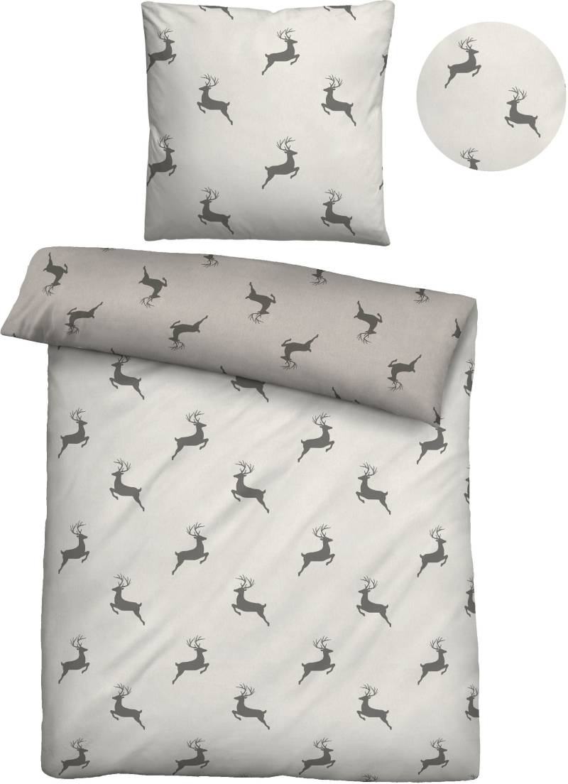 Biberna Wendebettwäsche "Cardo in Gr. 135x200 oder 155x220 cm" 2 Stk. tlg. Flanell kuschelig warm im Winter, Bettwäsche mit Hirschen, Weihnachten von Biberna