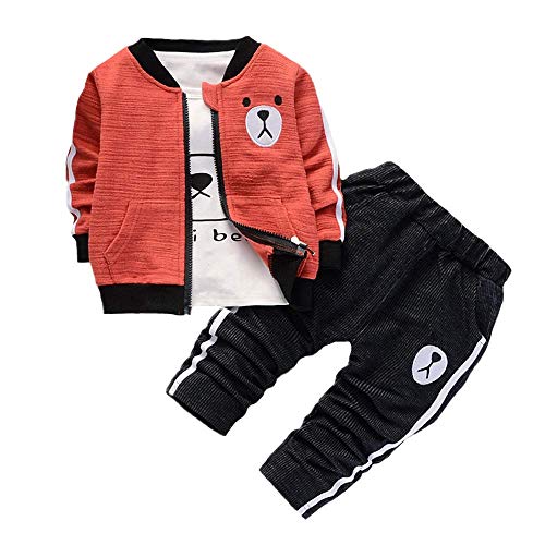 Baby Jungen 3pcs Kleidung Anzug Langarm T-Shirt + Jacke + Hose Neugeborene Casual Sport Kleidung, rot, 80 von Bibicola